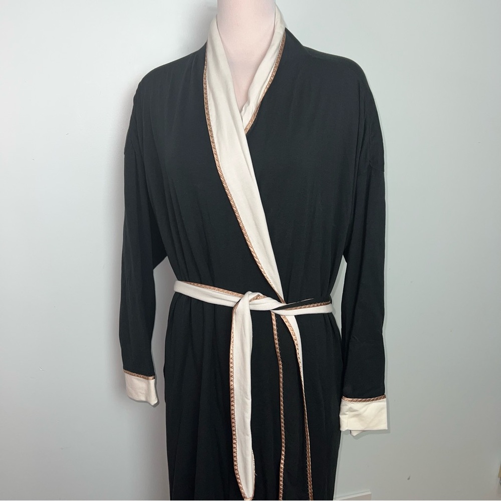 Soma Luxe Black and Cream Lined Long Robe Tie Waist Contrast Trim Women’s L/XL - Picture 5 of 10
